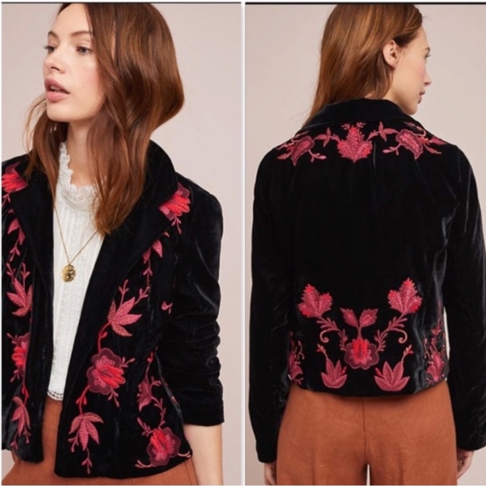 Anthropologie ETT:TWA Embroidered Black Velvet Jacket w Red & Pink Flowers sz L - Picture 3 of 10